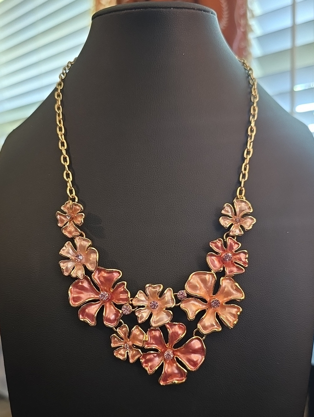 Gold-Tone Pink Floral Statement Necklace - Women Jewelry